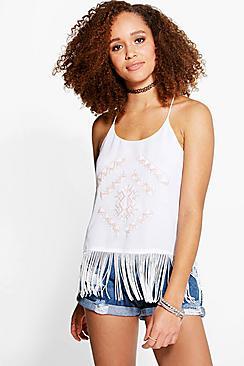 Boohoo Lily Embroidered Tassel Hem Cami