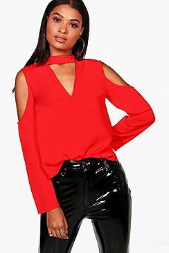 Boohoo Yasmin Cold Shoulder Choker Neck Blouse