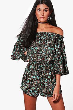 Boohoo Amy Printed Off Shoulder Playsuit