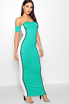Boohoo Liv Off The Shoulder Colour Block Maxi Dress
