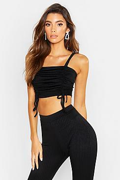 Boohoo Strappy Ruched Rib Crop Top