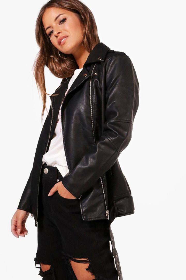 Boohoo Petite Abbi Longline Pu Biker Jacket Black