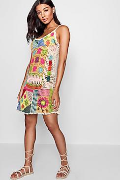 Boohoo Hallie Colourful Patchwork Crochet Dress