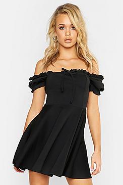 Boohoo Off The Shoulder Ruffle Hem Skater Dress