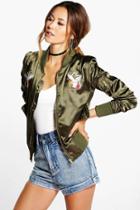 Boohoo Ellie Embroidered Lightweight Satin Bomber Khaki