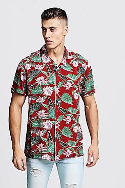 Boohoo Leaf Print Short Sleeve Revere Viscose Shirt