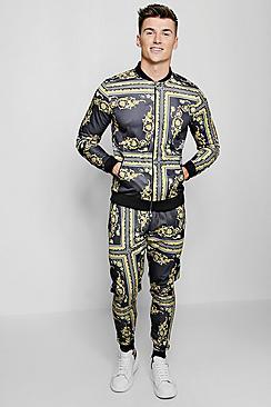 Boohoo Skinny Fit Bomber Neck Tile Print Tracksuit