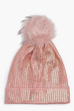 Boohoo Laura Metallic Foil Pom Beanie