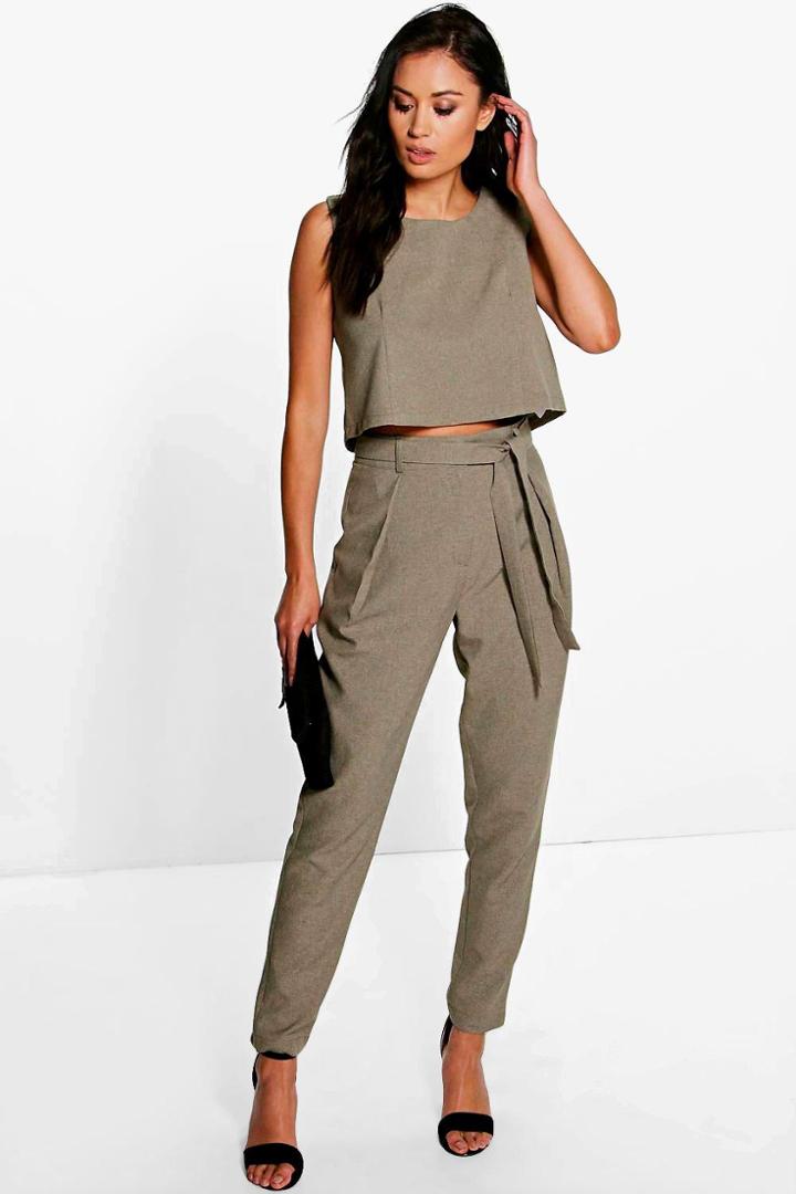 Boohoo Lottie Woven Belted Trouser Khaki