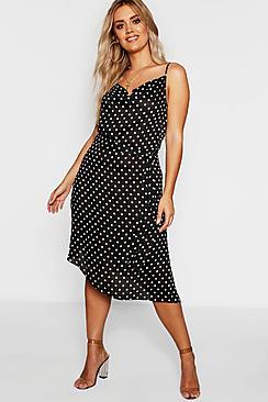 Boohoo Plus Satin Polka Dot Cowl Neck Midi Dress
