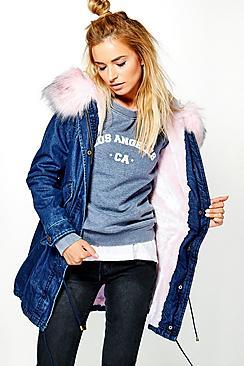 Boohoo Erin Boutique Denim Faux Fur Parka