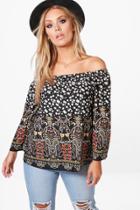 Boohoo Plus Poppy Off Shoulder Border Print Top Multi