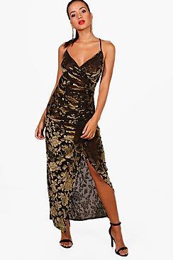 Boohoo Allana Devore Velvet Thigh Split Maxi Dress
