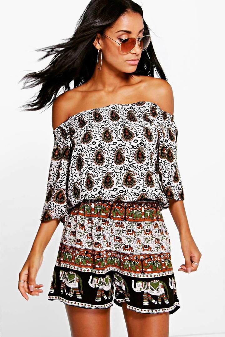 Boohoo Olivia Off The Shoulder Elephant Print Playsuit Multi