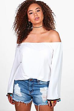 Boohoo Plus Indea Jersey Off The Shoulder Pom Pom Top