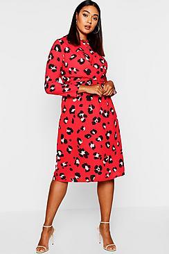 Boohoo Plus Leopard Print Tie Front Midi Dress