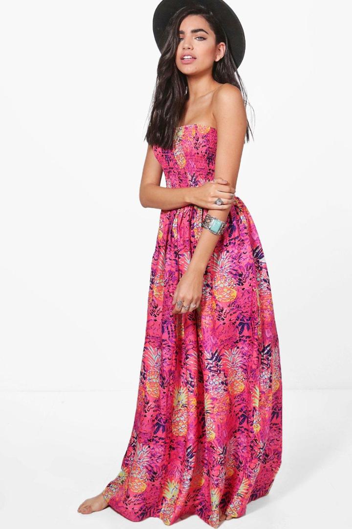 Boohoo Fifi Pineapple Strapless Maxi Beach Dress Pink