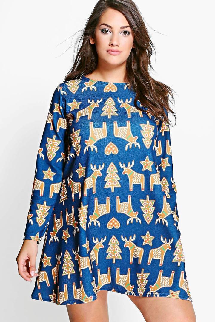 Boohoo Plus Leanne Reindeer Novelty Printed Swing Dress Multi