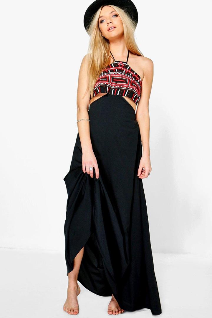 Boohoo Oahu Boutique Embroidered Cut Out Maxi Beach Dress Black
