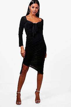 Boohoo Fiona Slinky And Ruched Tie Detail Midi Dress
