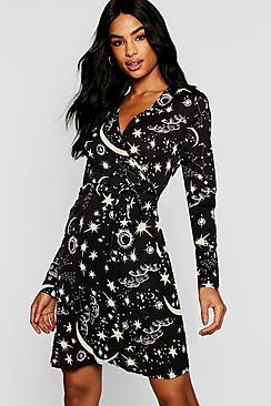 Boohoo Tall Constellation Print Wrap Dress