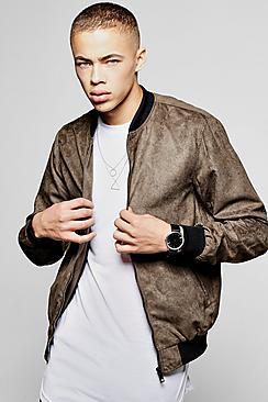 Boohoo Khaki Faux Suede Zip Through Bomber Jacket