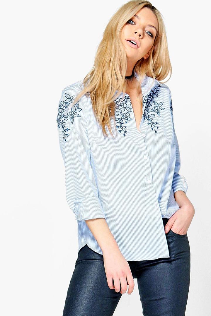 Boohoo Kaitlyn Embroidered Striped Shirt Blue