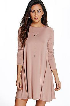 Boohoo Scoop Neck Long Sleeve Swing Dress