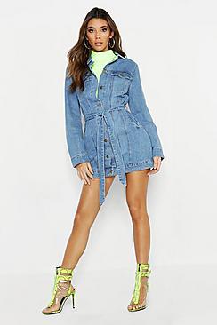 Boohoo Mid Wash Belted Longline Denim Jacket