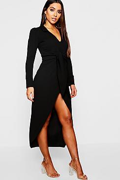 Boohoo Plunge Front Tie Waist Blazer Maxi Dress
