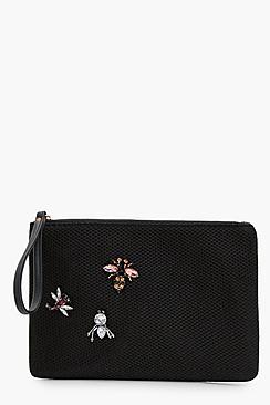 Boohoo Sarah Embellished Insect Zip Top Clutch