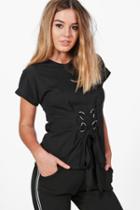 Boohoo Petite Lisa Lace Up Waist Detail Tee Black