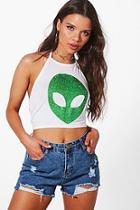 Boohoo Leah Glitter Alien Print Halter Crop