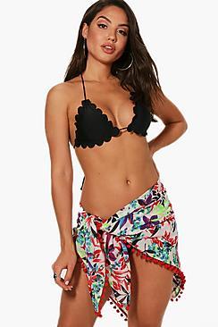 Boohoo Nancy Neon Leaf Pom Pom Sarong