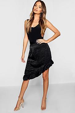 Boohoo Hammered Satin Asymetric Ruffle Skirt