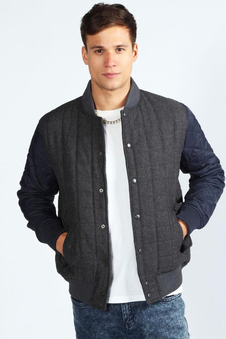 Boohoo Tweed Quilted Baseball Jacket - Charcoal