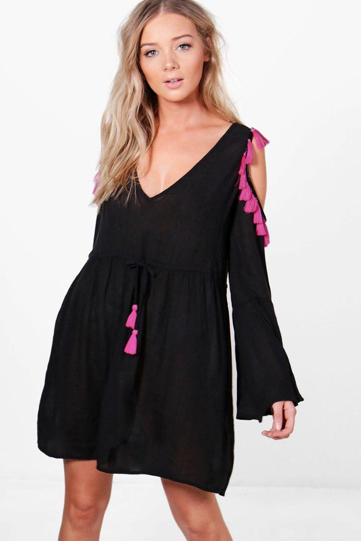 Boohoo Eva Cold Shoulder Pom Pom Tassel Shift Dress Black