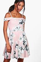 Boohoo Petra Floral Print Cold Shoulder Skater Dress