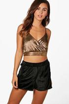 Boohoo Petite Ava Wrap Crop Pleated Metallic Camp Top