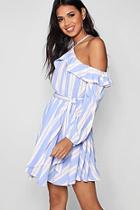 Boohoo Mia Wrap Front Ruffle Shoulder Skater Dress