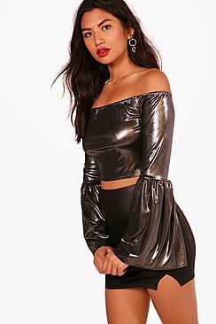 Boohoo Polly Metallic Flare Sleeve Bardot Crop