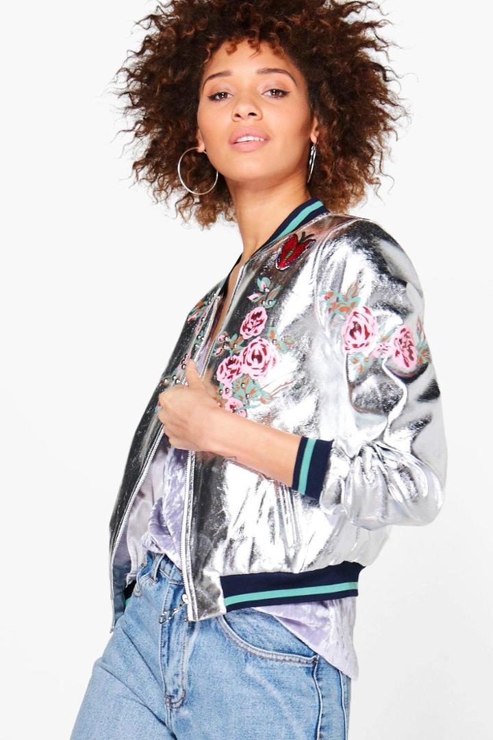 Boohoo Elizabeth Metallic Embroidered Bomber Jacket Silver