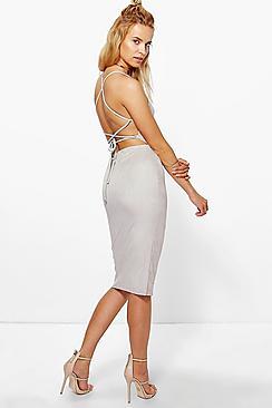 Boohoo Ri Strappy Back Suedette Midi Bodycon Dress