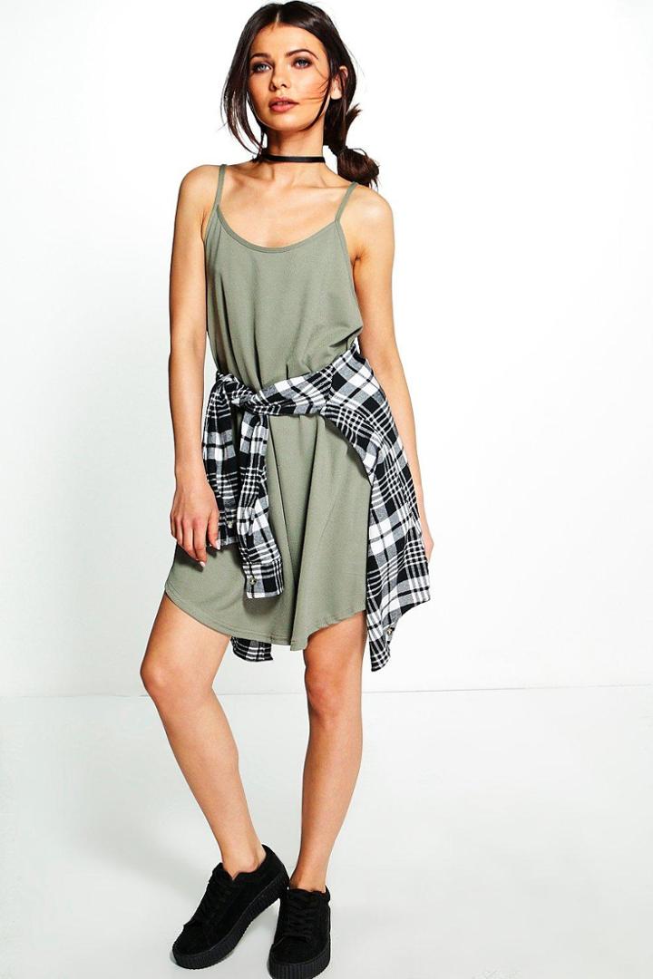 Boohoo Lola Strappy Swing Dress Khaki