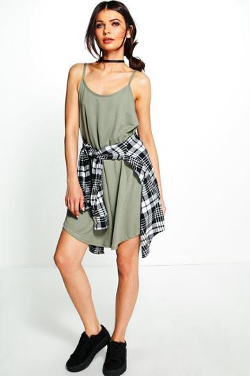 Boohoo Lola Strappy Swing Dress Khaki