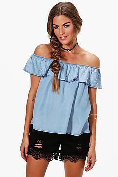 Boohoo Daniella Denim Off The Shoulder Ruffle Top