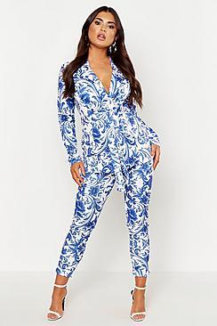 Boohoo Tie Waist Tailored Porcelain Print Blazer