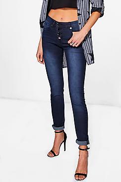 Boohoo Lyla Midrise Button Front Skinny Jeans