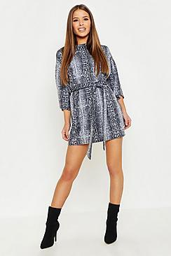 Boohoo Petite Snake Print Belted T-shirt Dress