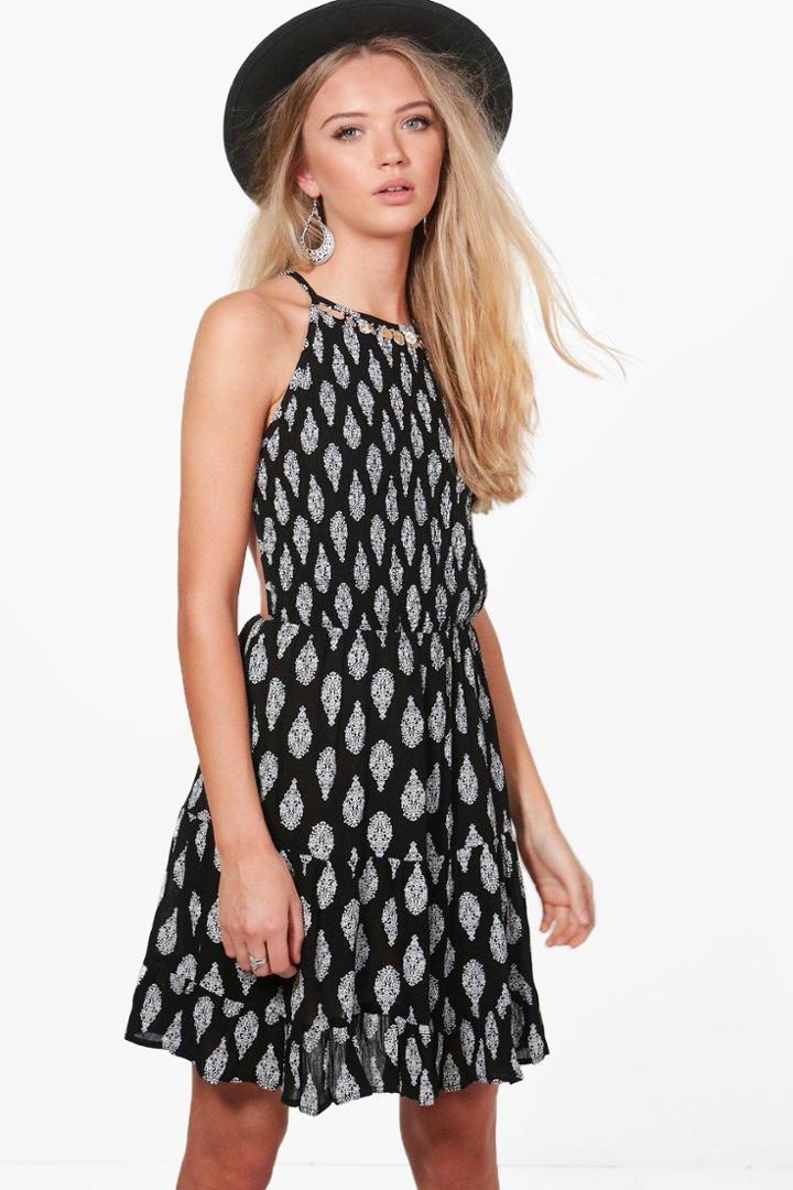 Boohoo Sonia Halterneck Coin Printed Sun Dress Black